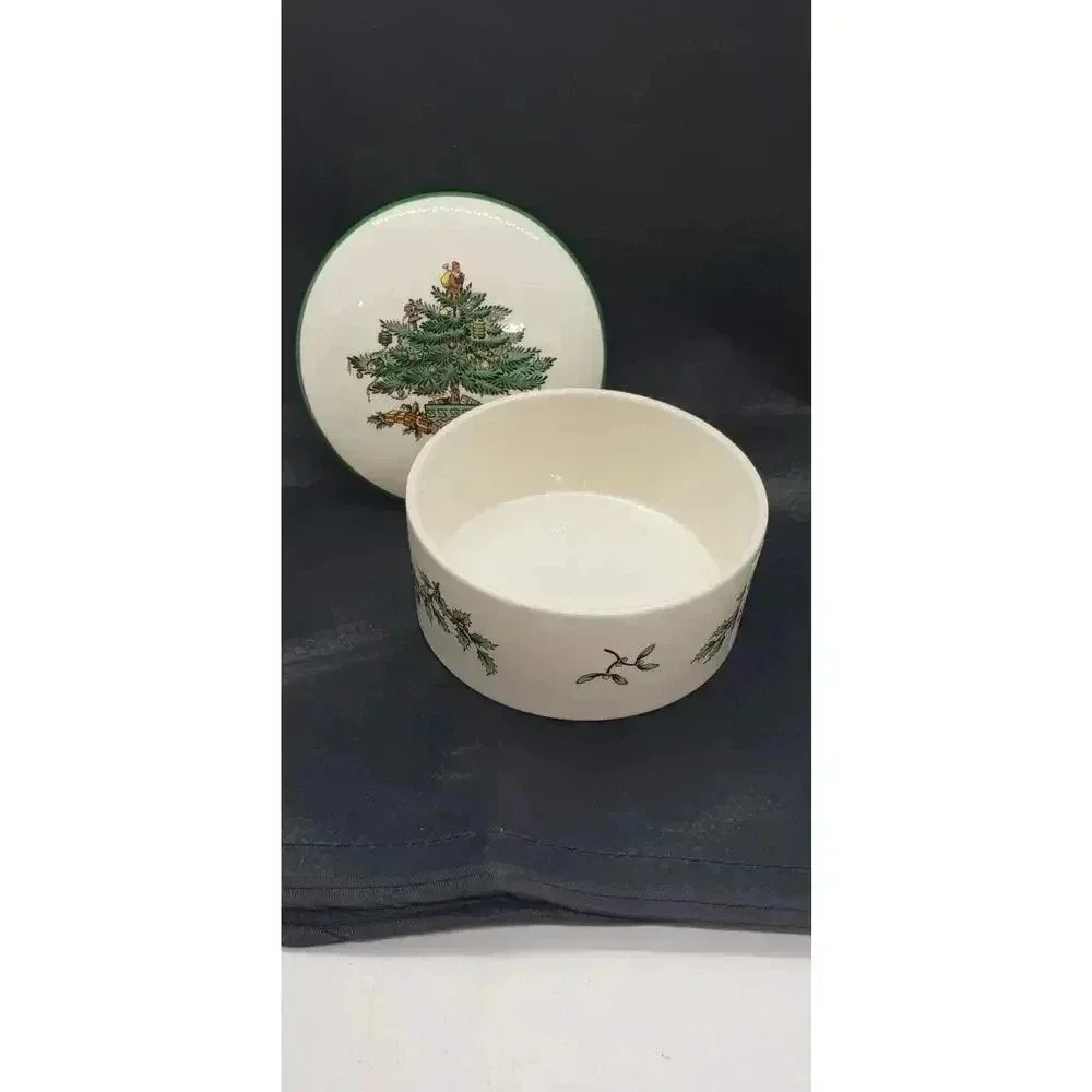 Vintage SPODE Christmas Tree Covered Candy Dish Trinket Vanity Jewelry Gift Box